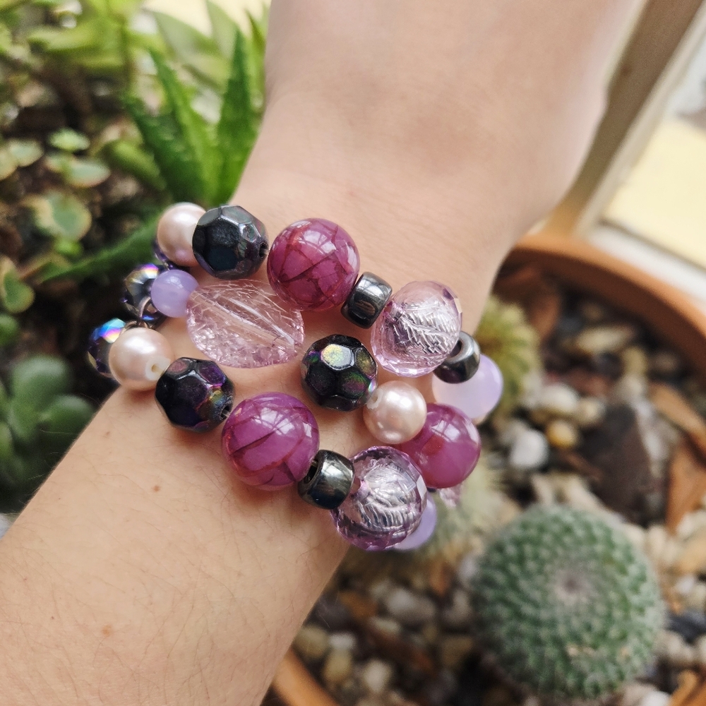 Vintage Purple & Pink Oversized Boho Bohemian Bead Layer Beaded Stretch Bracelet - Picture 5 of 11